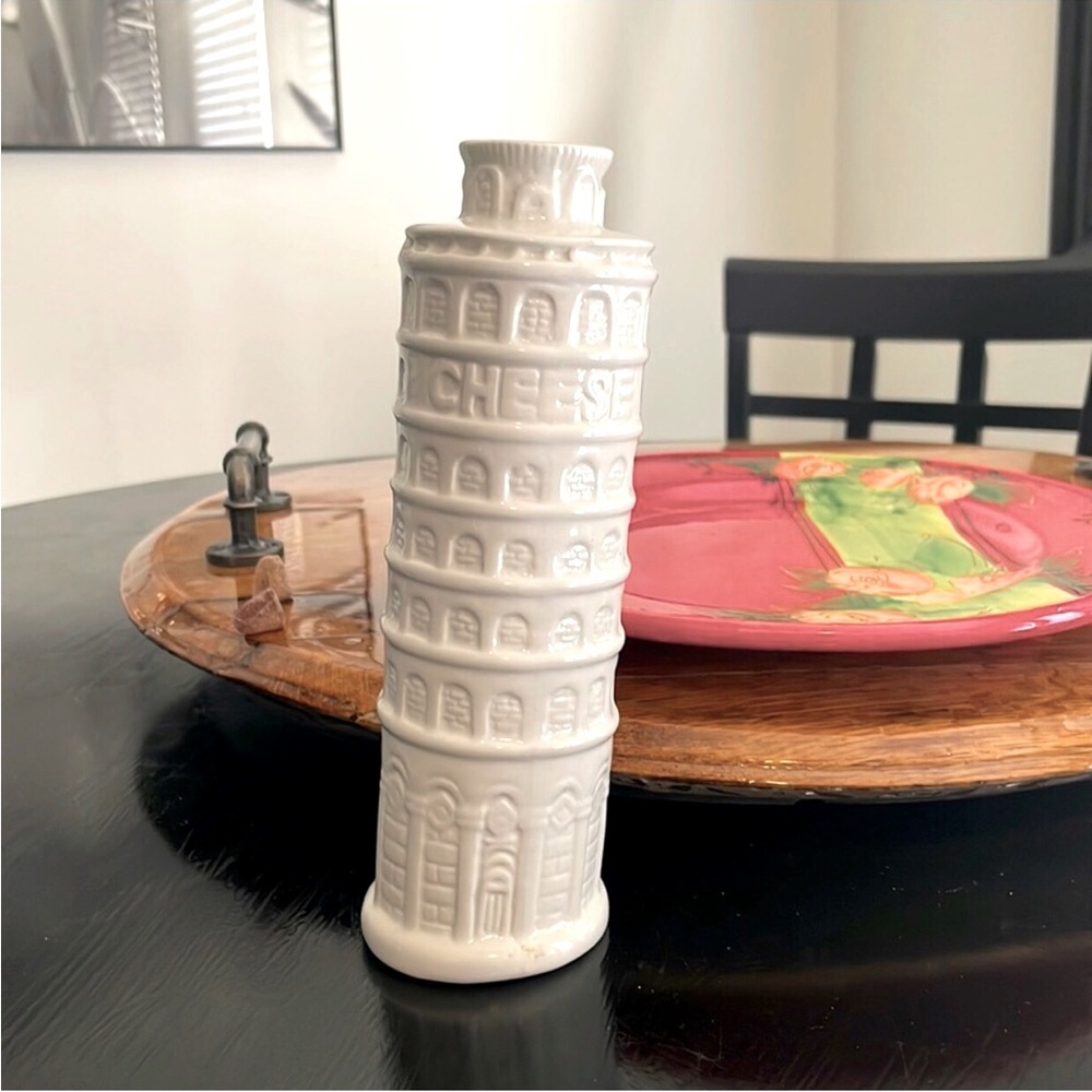 Leaning Tower of Pisa white ceramic cheese shaker.